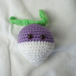 Pode incluir: Um nabo de crochê roxo e branco com folhas verdes e olhos castanhos.