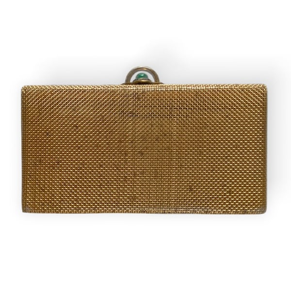 Vintage gold metal weave clutch purse with green cabochon clasp. 1950