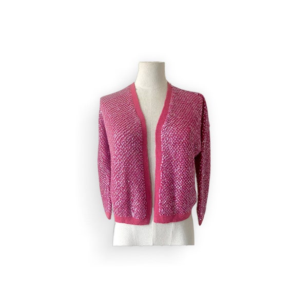 Vintage French pink sequin knitted cardigan 1970