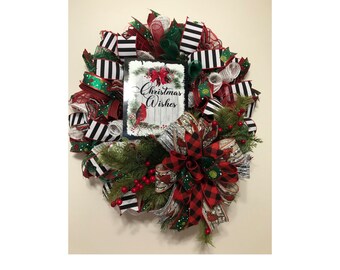 Large cardinal Christmas wreath, Buffalo plaid decor, Christmas wishes sign, Holiday decor, Traditional Christmas wreath, Rustic home decor