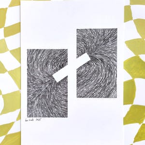 May include: Abstract art print in black and white. The artwork shows two rectangular shapes with swirling lines, intersected by a white horizontal bar. The artist's signature and the year 2025 are visible in the lower left corner.