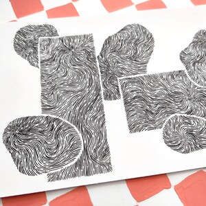 May include: Black and white abstract art print featuring various shapes filled with swirling lines. The artwork includes a rectangle, circles, and other organic forms. The artist's signature and the year 2025 are visible in the lower right corner.