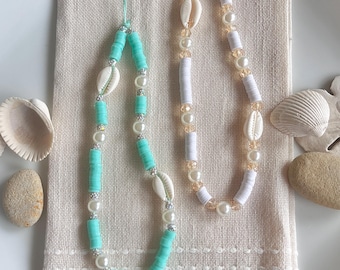 Beach Phone Charm, Shell Phone Charm, Pearl Phone Charm, Beaded Phone Charm, Phone Lanyard, Phone Wristlet, Phone Accessory, Blue, Summer