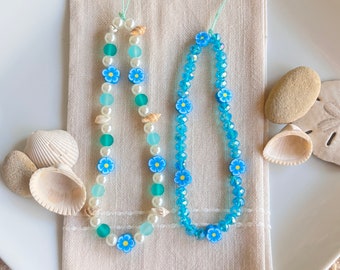 Beach Phone Charm, Flower Phone Charm, Pearl Phone Charm, Beaded Phone Charm, Phone Lanyard, Phone Wristlet, Phone Accessory, Blue, Clay