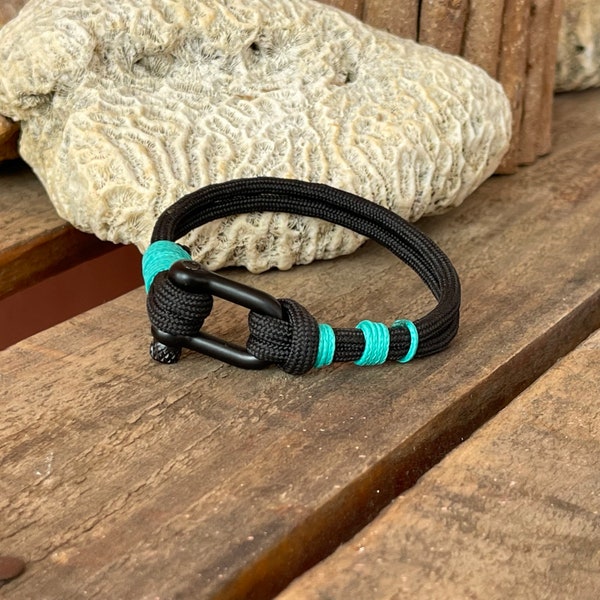 Pulsera paracord negra y verde azulado para él, pulsera casual hebilla negra, pulseras hechas a mano personalizadas, pulsera náutica, regalos para él