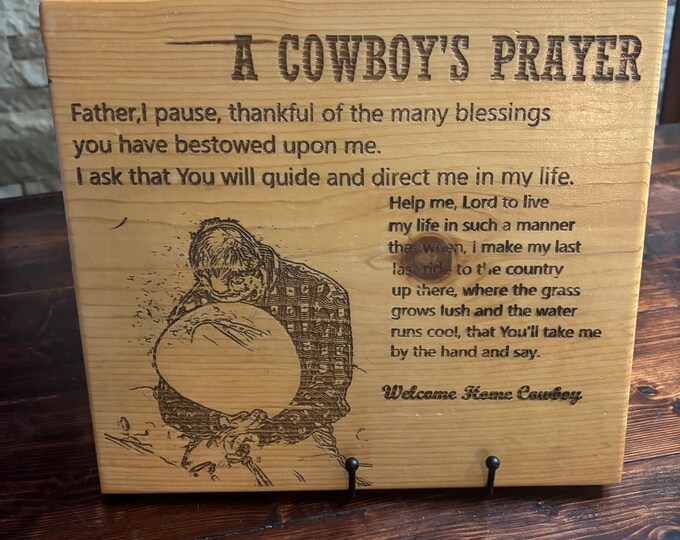 Cowboy Bowing Head in Prayer With Prayer Laser Burned Into Wood. Great ...