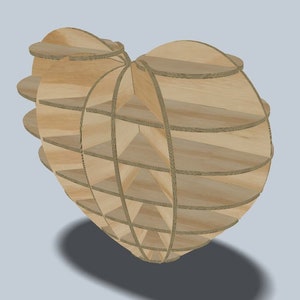 May include: A wooden heart-shaped shelf unit with multiple shelves. The shelves are arranged in a circular pattern, creating a unique and modern design.