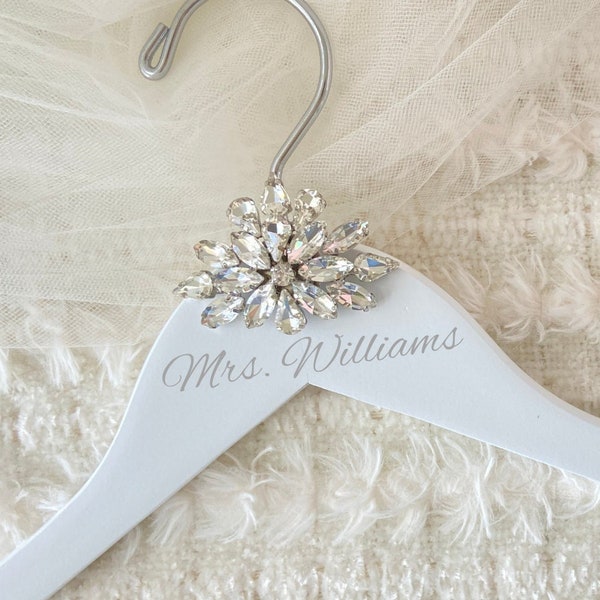 Wedding hanger for the bride, Personalized wedding hanger, Wedding dress hanger, Bridesmaid hanger, bride gifts Last Name hanger crystals