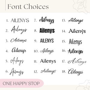 Pode incluir: Um gr&aacute;fico de 18 estilos de fonte diferentes para a palavra "Ailenys". Os estilos de fonte variam de todas as mai&uacute;sculas a cursiva e negrito. O gr&aacute;fico &eacute; rotulado como "Font Choices" e "One Happy Stop".