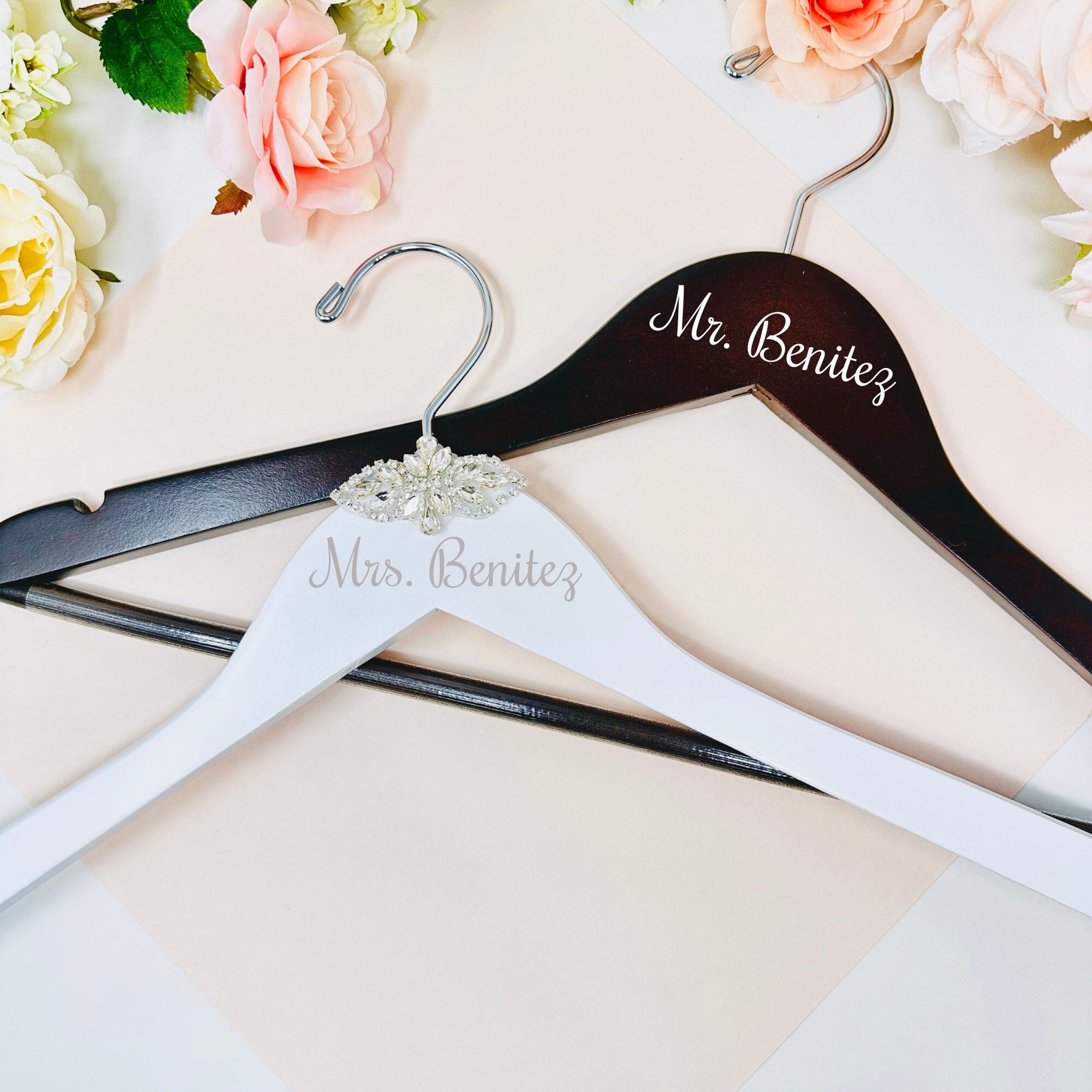 Bride & Groom Personalized hangers Groom and Bride Hangers Wedding Dress Hanger Name Last Name Groom Bride Hangers Modern Wooden hangers - Bride Hanger+Bling, Last Name
