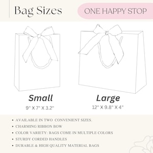 Pode incluir: Desenho de linha de duas sacolas de presente com la&ccedil;os de fita. A sacola menor mede 9 polegadas por 7 polegadas por 3,2 polegadas. A sacola maior mede 12 polegadas por 9,8 polegadas por 4 polegadas. O texto "Bag Sizes" e "ONE HAPPY STOP" est&aacute; no topo da imagem. O texto abaixo das sacolas diz: "AVAILABLE IN TWO CONVENIENT SIZES. CHARMING RIBBON BOW COLOR VARIETY: BAGS COME IN MULTIPLE COLORS STURDY CORDED HANDLES DURABLE & HIGH QUALITY MATERIAL BAGS"