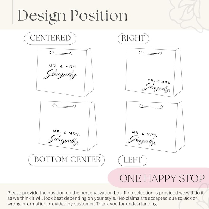 Pu&ograve; includere: Diagramma che mostra le posizioni di design dei sacchetti regalo: Centrato, Destra, Centro Inferiore e Sinistra. Ogni sacchetto &egrave; bianco con il testo "MR. & MRS. Gonzalez" in un carattere corsivo. Il testo "Design Position" &egrave; in alto e "ONE HAPPY STOP" in basso.