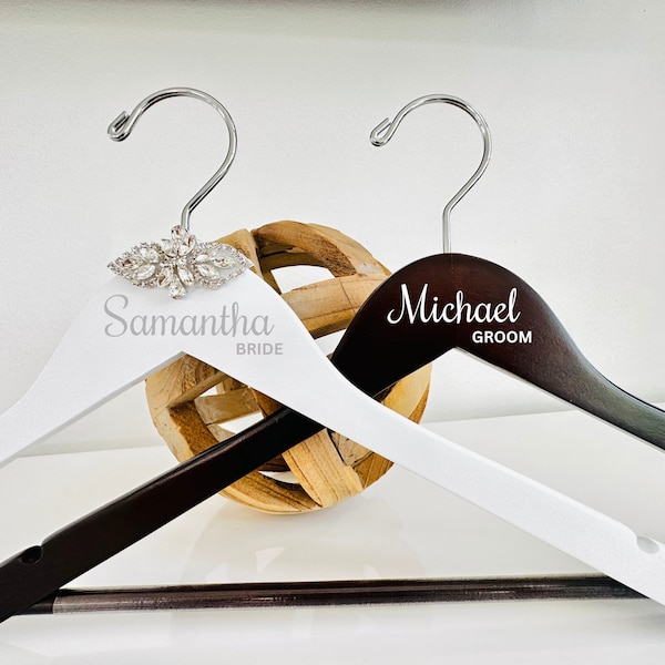 Bride & Groom Personalized hangers Groom and Bride Hangers Wedding Dress Hanger Name Last Name Groom Bride Hangers Modern Wooden hangers