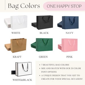 Pu&ograve; includere: Immagine che mostra sacchetti regalo in vari colori: bianco, nero, blu navy, kraft, verde, rosa e bianco e nero. Il testo "Bag Colors" e "ONE HAPPY STOP" sono visualizzati in alto. L'immagine elenca anche le caratteristiche delle borse.