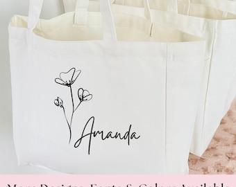 Birth Month Flower Personalized Canvas Tote Bag, Bachelorette Bridesmaid gifts, Wedding gifts, Birthday Gift for her, Birthday Gifts