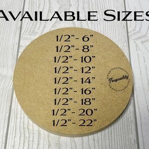 May include: A brown wooden circle with the text "AVAILABLE SIZES" at the top and a list of sizes in inches, including 1/2"-6", 1/2"-8", 1/2"-10", 1/2"-12", 1/2"-14", 1/2"-16", 1/2"-18", 1/2"-20", and 1/2"-22". The text "Truquality" is also visible in a circle at the bottom of the circle.