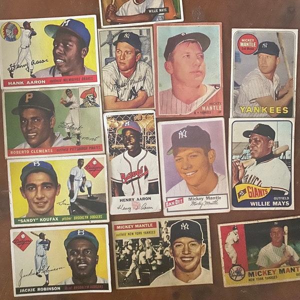 Mickey Mantle, Willie Mays, Hank Aaron, Roberto Clemente, Sandy Koufax Baseball Cards lot of 13. Vintage Aged Reprints Novelty. Handmade