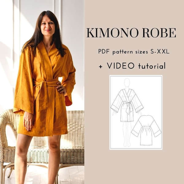 Kimono-stijl jurk of bad- en strandjas PDF-naaipatroon met video-tutorial