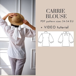 Puffy sleeves and bow blouse PDF sewing pattern with video tutorial