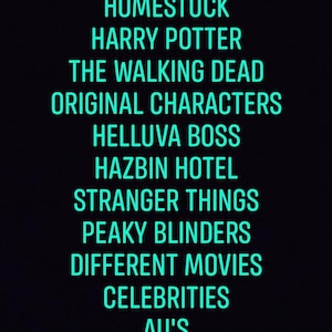 May include: A list of fandoms for bots, including Marvel, Homestuck, Harry Potter, The Walking Dead, Original Characters, Helluva Boss, Hazbin Hotel, Stranger Things, Peaky Blinders, Different Movies, Celebrities, and AU's.