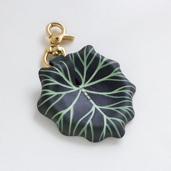 Philodendron Verrucosum Leather Bag Charm, Plant Key Chain, Bag Accessories, Small Size Decor with Shiny Brass Clasp, Plant Lovers Gift
