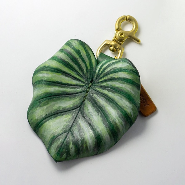 Philodendron Plowmanii Leather Bag Charm, Plant Key Chain, Bag Accessories, Small Size Decor with Shiny Brass Clasp, Plant Lovers Gift