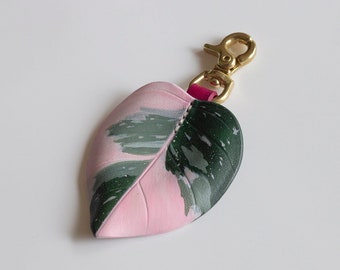 Philodendron Pink Princess Leather Bag Charm, Plant Key Chain, Bag Accessories, Small Size Decor with Shiny Brass Clasp, Plant Lovers Gift