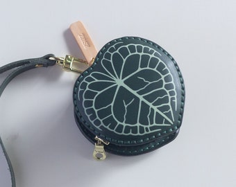 Charm de porte-monnaie en cuir Anthurium Clarinervium (vert), fermeture à glissière, produits EDC essentiels, cadeau parfait pour les amateurs de plantes, thème plante d'intérieur