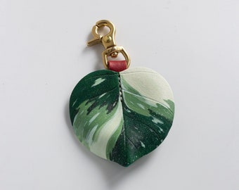 Philodendron White Knight Leather Bag Charm, Plant Key Chain, Bag Accessories, Small Size Decor with Shiny Brass Clasp, Plant Lovers Gift