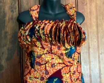 African print top and long skirt ensemble, ruched neckline, all cotton, lined.  Size  small