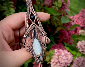 Marquise Rainbow Moonstone & Onyx Accent Wire Wrapped Pendant