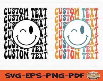Frase personalizada en formato SVG, Letras onduladas apiladas con cara sonriente personalizadas en formato SVG, Pedido personalizado en formato PNG, Letras onduladas apiladas de colores