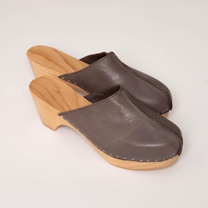 Brown Leather Clog with Wood Base