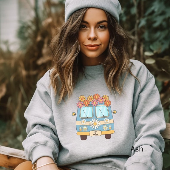 Fall Sweatshirt, Vintage Hippie Bus, Peace & Love, Retro Van, Cozy Winter Wear, Oversized Pullover, Graphic Print, Gift for Her or Him