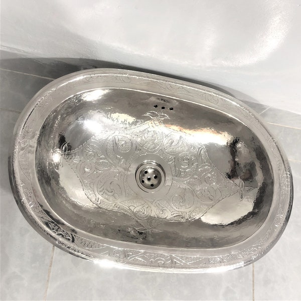 Small oval metal sink for bathroom, Engraved Stainless vessel sink, 11x16.5 inches