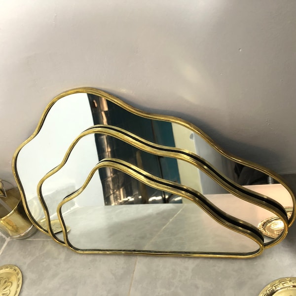 set of 3 brass cloud mirrors, 3 different size of  asymmetric wall mirror , Width ''18''- "15" - "13"  inches