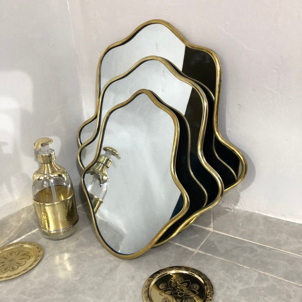set of 3 Fatima's hand brass mirrors, 3 different size of wall mirror, handmade Ornate golden brass mirror , ''15''- "13" - "11"  inches