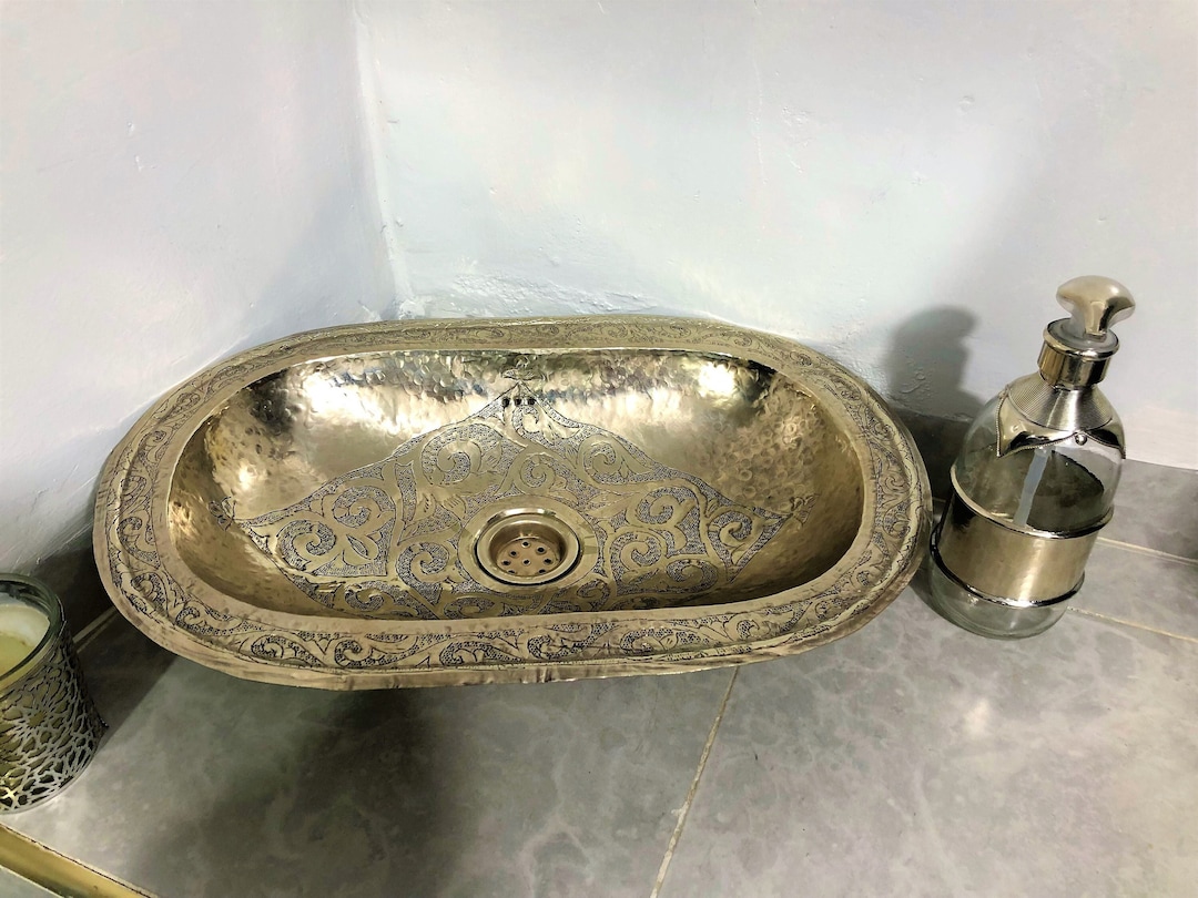 Small Oval Metal Sink for Bathroom, Engraved Stainless Vessel Sink