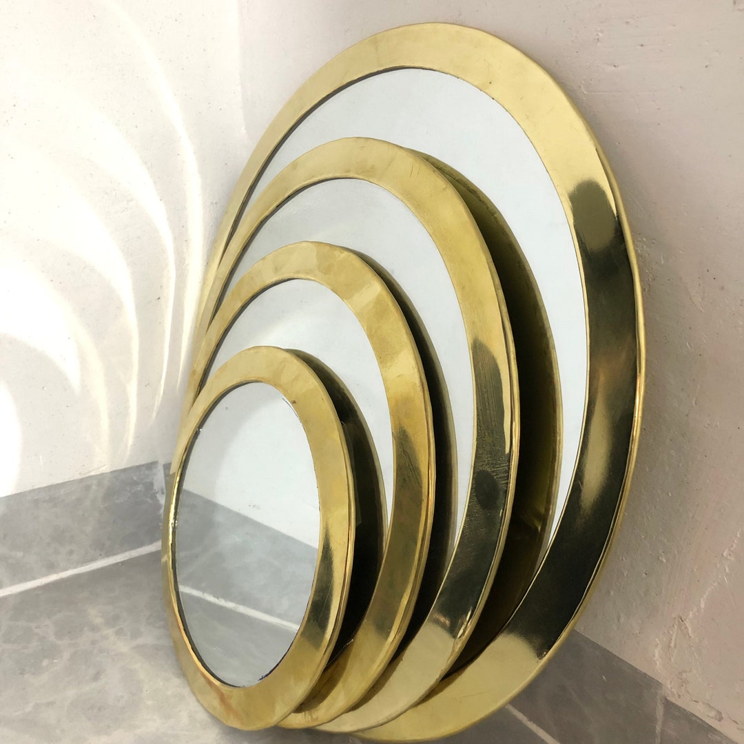 Set of 4 Round Brass Mirror, 4 Different Size of Wall Mirror, Handmade