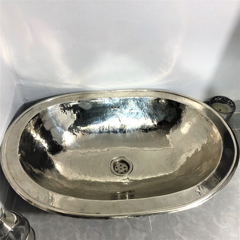 Oval Silver Sink for Bathroom, Stainless Vessel Sink, 14.9x21.6 Inches