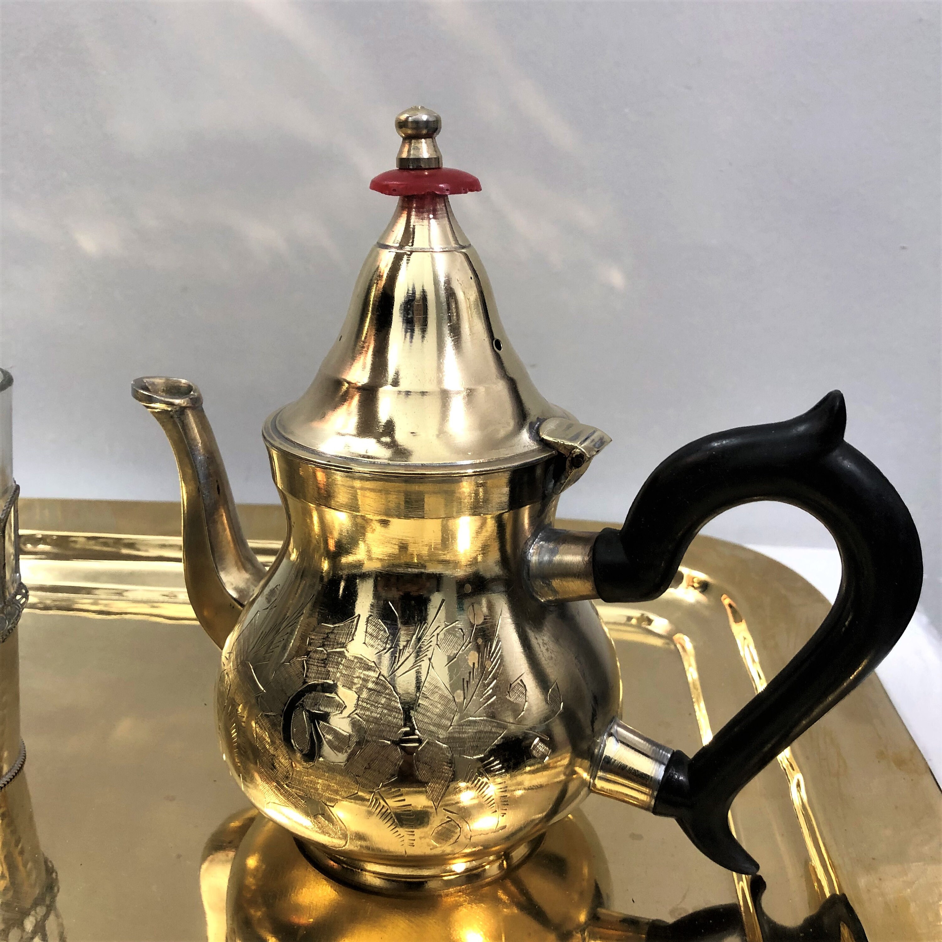Handcrafted Moroccan Brass Tea Set Teapot, Square Brass Tray, Tea