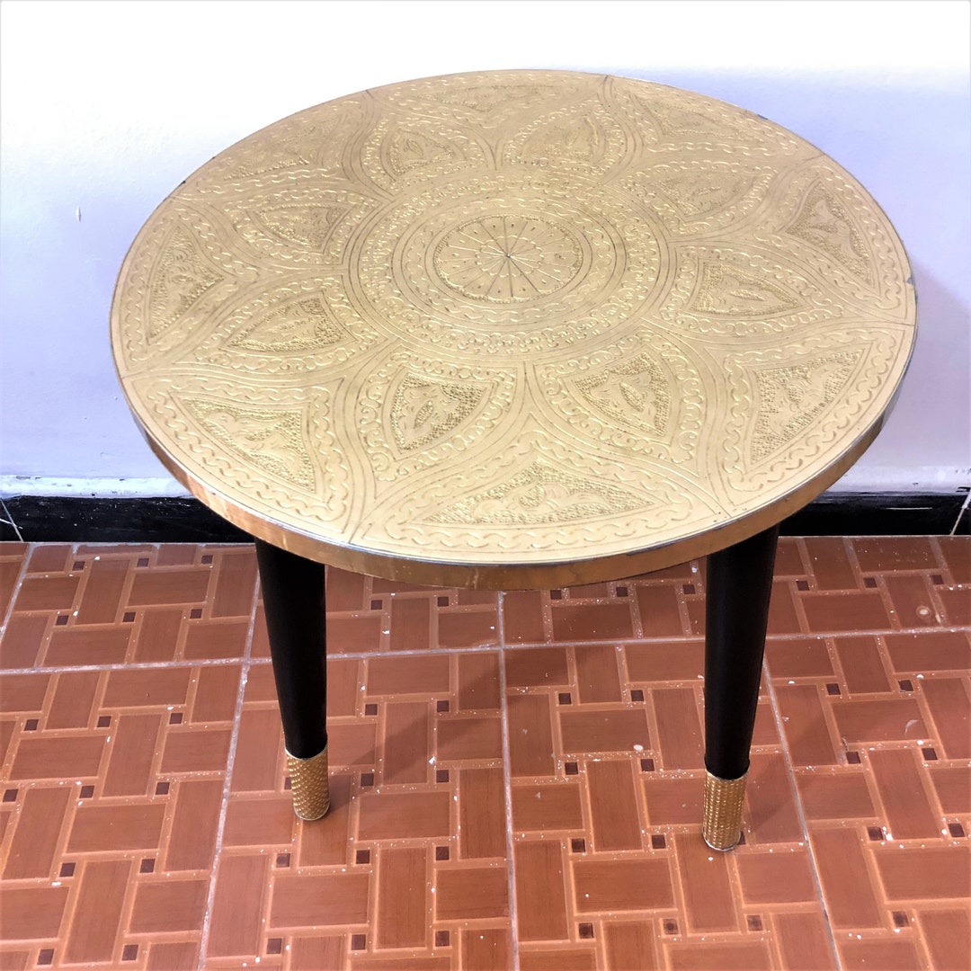 Round Table With 3 Legs , Made of Wood Covred by Golden Brass, Hand Engraved Table, 50 Cm L 19.6