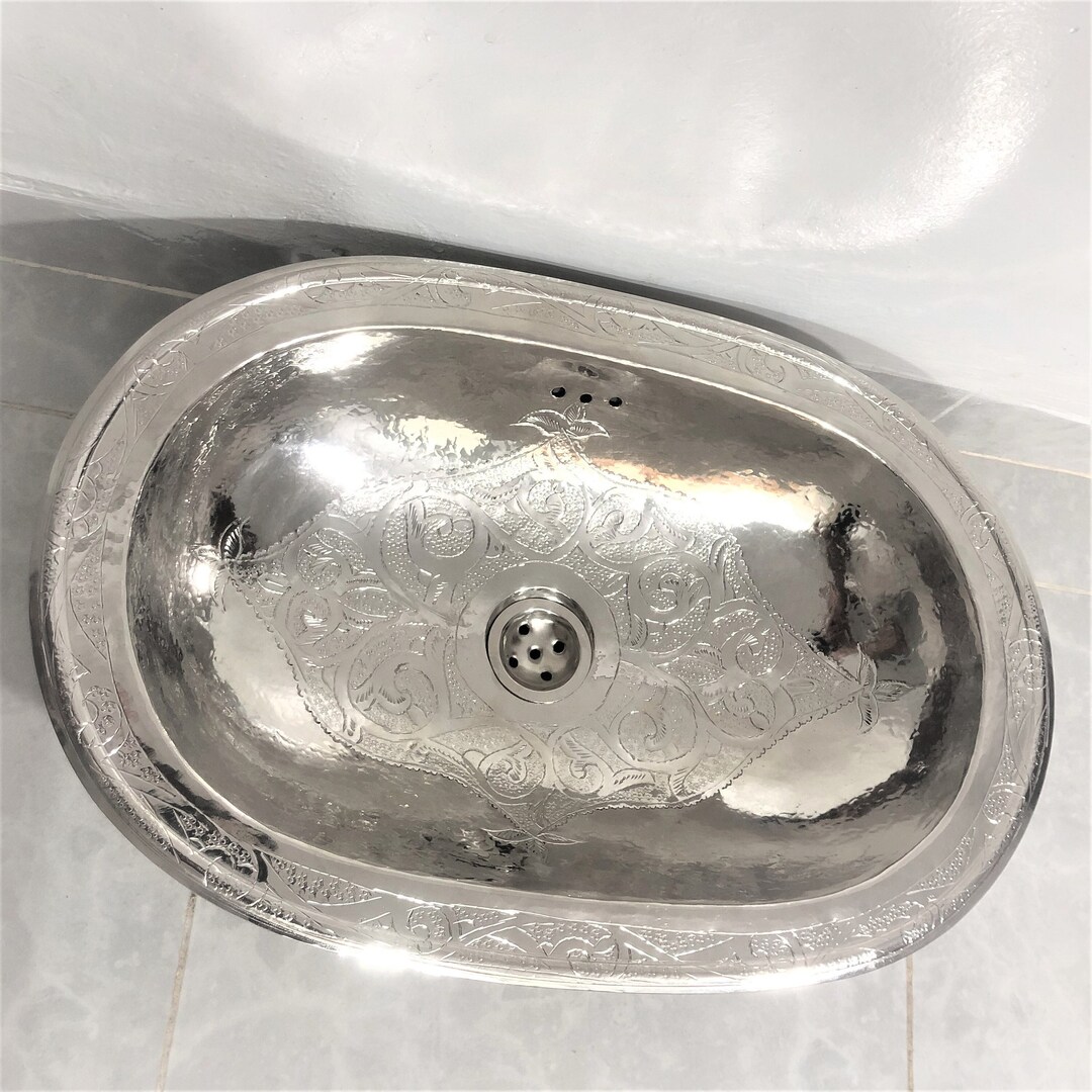 Small Oval Metal Sink for Bathroom Engraved Stainless Vessel Etsy