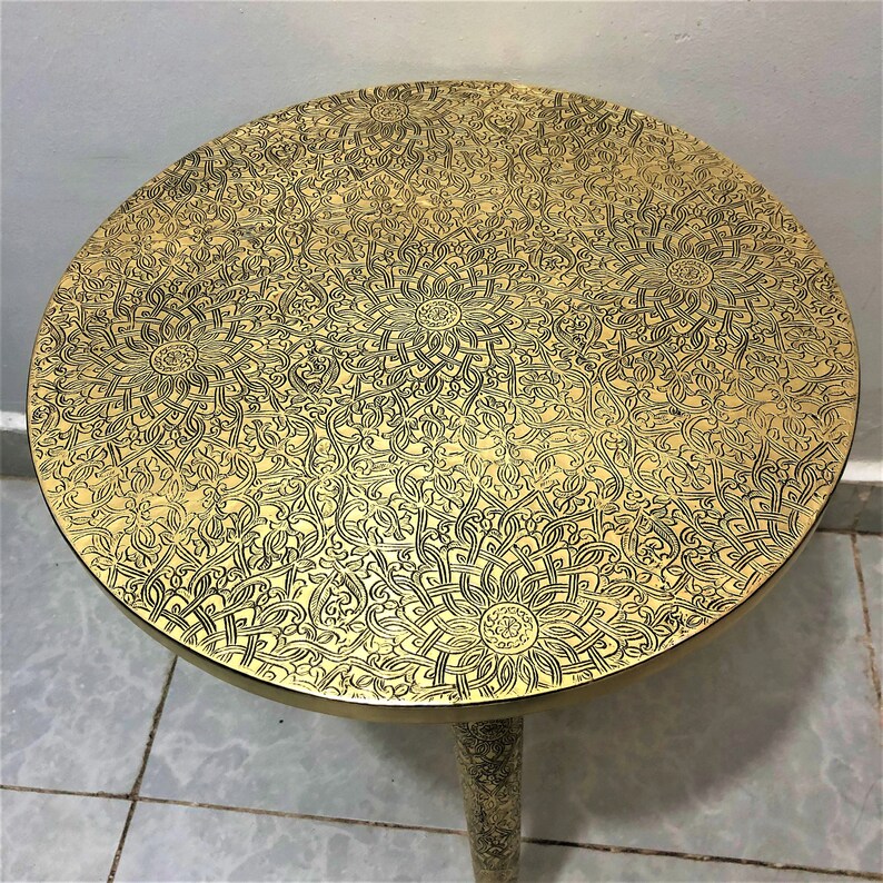 Round Brass Coffee Table, Coffee Low Table, Ornate Brass Small Table