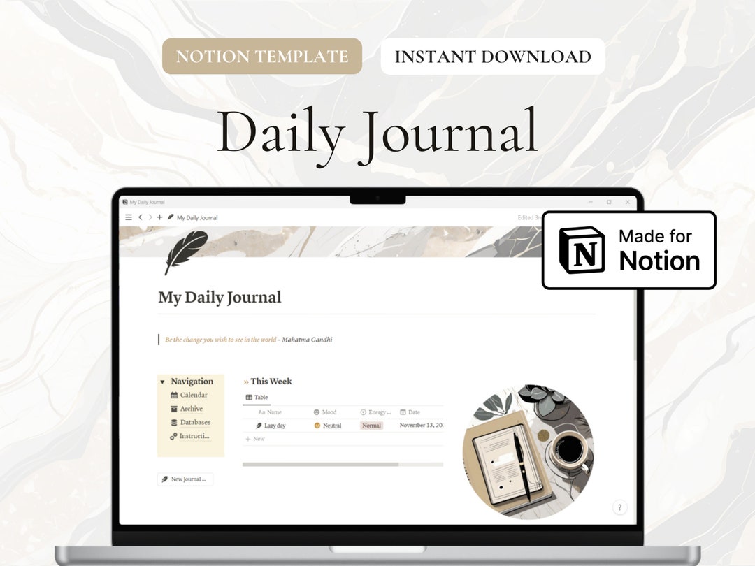 Daily Journal Notion Template Digital Journal Aesthetic Etsy