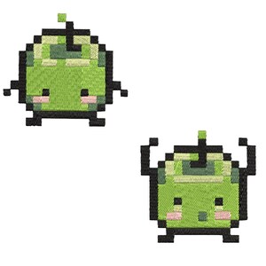 K&ouml;nnte beinhalten: Zwei gr&uuml;ne Pixelfiguren mit schwarzen Umrissen und rosa Wangen. Die Figuren haben ein gr&uuml;n-gelb gemustertes Oberteil und eine einzelne gr&uuml;ne Antenne. Die Figur links hat kurze Beine und die Figur rechts hat lange Beine mit schwarzen H&ouml;rnern.
