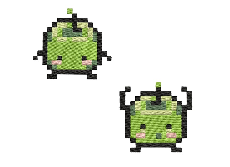 K&ouml;nnte beinhalten: Zwei gr&uuml;ne Pixelfiguren mit schwarzen Umrissen und rosa Wangen. Die Figuren haben ein gr&uuml;n-gelb gemustertes Oberteil und eine einzelne gr&uuml;ne Antenne. Die Figur links hat kurze Beine und die Figur rechts hat lange Beine mit schwarzen H&ouml;rnern.