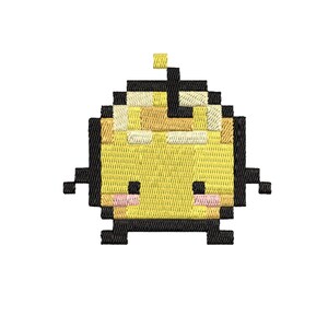 K&ouml;nnte beinhalten: Eine pixelartige Cartoon-Biene mit einem gelben K&ouml;rper, schwarzen Beinen und einer kleinen gelben Antenne. Die Biene hat einen s&uuml;&szlig;en Ausdruck mit rosa Wangen.