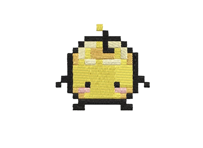 K&ouml;nnte beinhalten: Eine pixelartige Cartoon-Biene mit einem gelben K&ouml;rper, schwarzen Beinen und einer kleinen gelben Antenne. Die Biene hat einen s&uuml;&szlig;en Ausdruck mit rosa Wangen.