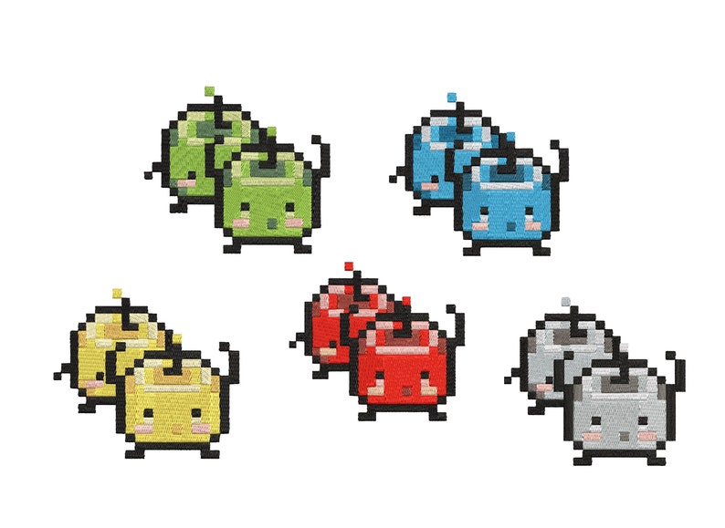 K&ouml;nnte beinhalten: Ein Satz von acht pixelartigen Comicfiguren, jede mit einem anderen Farbschema. Die Figuren sind paarweise angeordnet, wobei jedes Paar ein leicht unterschiedliches Design aufweist. Die Figuren l&auml;cheln alle und haben gro&szlig;e Augen.